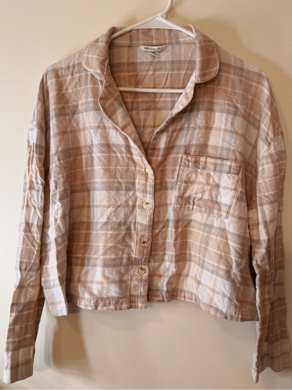 American Eagle Outfitters Beige Plaid Button-Front Shirt